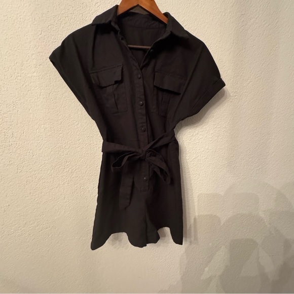 Women's Black Linen Blend Collared Romper - Picture 7 of 11